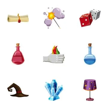 Magic tricks icons set, cartoon style Stock Illustration