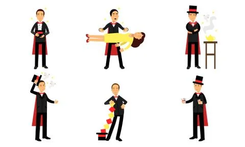 Magic Tricks Of Illusionist In Vector Illustrations Set Isolated On White Stock Illustration