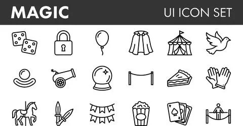 Magic UI Icon Set - Circus, Entertainment, and Illusion Symbols. Stock Illustration