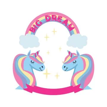 Magic unicorn and rainbow poster, greeting card background with Unicorn head, Stock Illustration