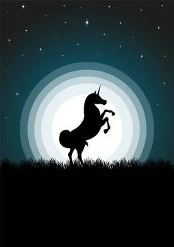 Magic unicorn silhouette standing in spring dusk meadow. Magical misty landsc Stock Illustration