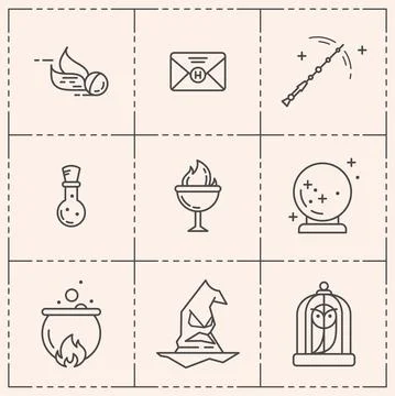Magic vector icon set. Wizard equipment. Line style Stock Illustration