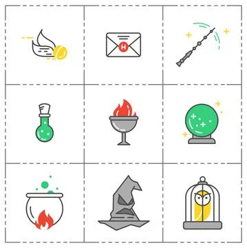 Magic vector icon set. Wizard equipment. Line style Stock Illustration