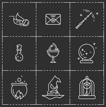 Magic vector icon set. Wizard equipment. Line style Stock Illustration