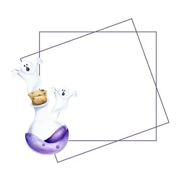 Magic violet bottle, two scary ghosts watercolor illustration. Hand drawn hap Stock Illustration