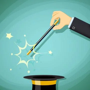 Magic wand and hat. Focus and illusion. Legerdemain and tricks. 스톡 일러스트