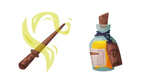 Magic wand and potion bottle. Witchcraft attributes, halloween objects cartoon Stock Illustration