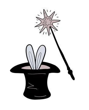 Magic wand and top hat with rabbit ears, simple hand drawn vector illustratio Stock Illustration
