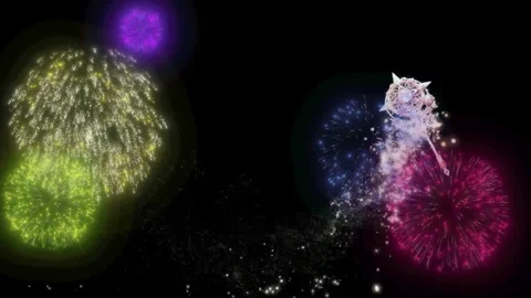 Magic wand casting glowing sparkles and colorful fireworks in dark night sky Stock Footage 345016264