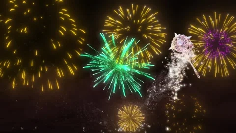 Magic wand casting sparkling light spell with festive fireworks in night sky Vidéo 341908020