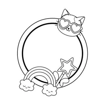 Magic wand with cloud and rainbow round frame black and white Stock Illustration