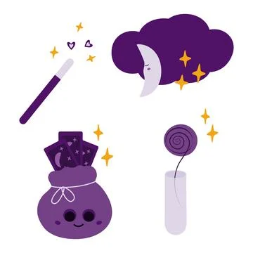 Magic wand, cloud with crescent, flower in test tube and Tarot cards Cute magic Stock Illustration