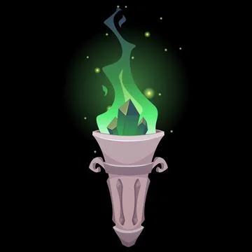 Magic wand with green crystal gem stones and fire flame, vector cartoon fantasy Stock Illustration