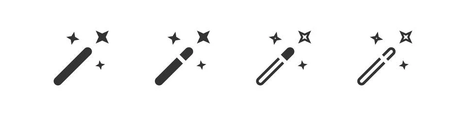 Magic wand icon set. Wizard stick symbol. Magician star logo, outline desig.. Stock Illustration