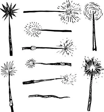Magic Wand line drawing witch set Halloween clipart party invitation flyer .. Illustrazione stock