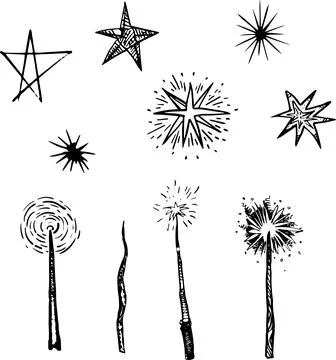 Magic Wand line drawing witch set Halloween clipart party invitation flyer .. Illustrazione stock