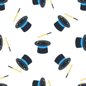 Magic wand making sparks over magician top hat seamless pattern Illustrazione stock