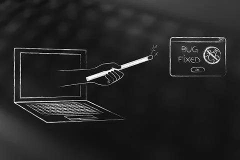 Magic wand out of computer screen with Bug Fixed pop-up message Stock Illustration