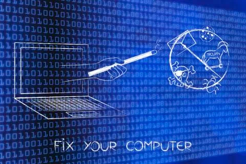 Magic wand out of computer screen with crossed cyber threats icons Stock Illustration