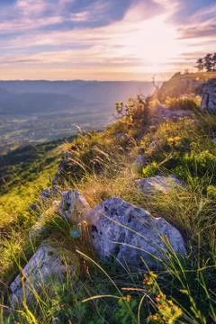 Magic warm sunset landscape high in the Croatia mountains 스톡 사진