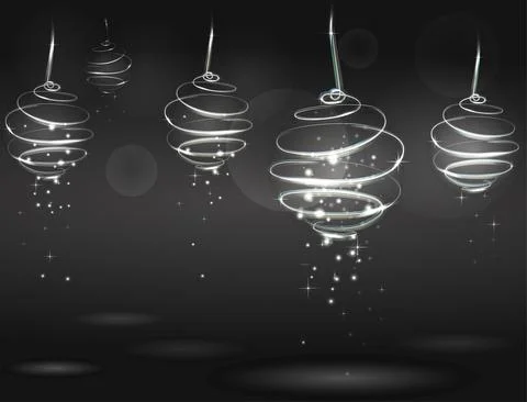 Magic white Christmas tree balls on dark gray backgroud. Glowing spirals trace Illustrazione stock