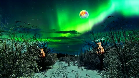 Magic Winter Night With Starry Sky And Full Moon In Snowy Mountain Vídeo Stock 247699363