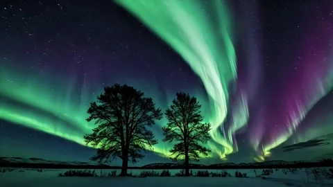 The magic of winter nights, aurora and trees Stock Footage 308534962
