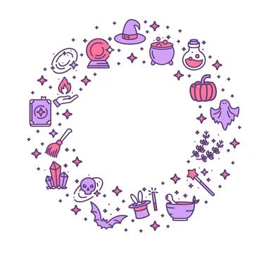 Magic Witch Halloween Design Template Thin Line Icon Frame Concept. Vector Stock Illustration