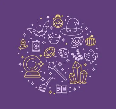 Magic Witch Halloween Round Design Template Thin Line Icon Concept. Vector Stock Illustration