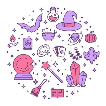 Magic Witch Halloween Round Design Template Thin Line Icon Concept for Party Stock Illustration