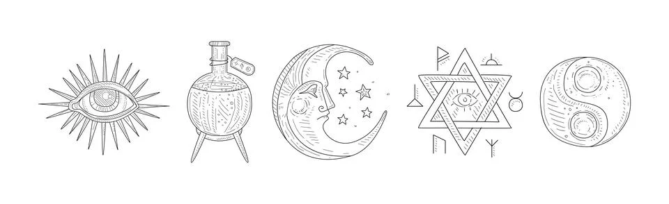 Magic Witch Hand Drawn Object and Element Vector Set Stock Illustration