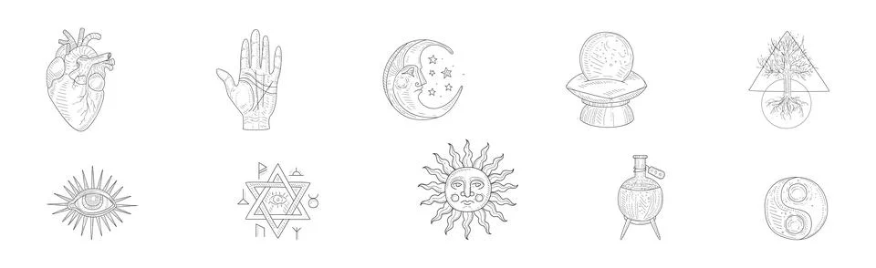Magic Witch Hand Drawn Object and Element Vector Set Stock Illustration