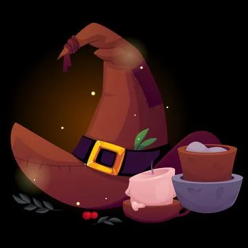 Magic witch hat with candle and mortar, vector wizard old brown hat with patches Stock Illustration