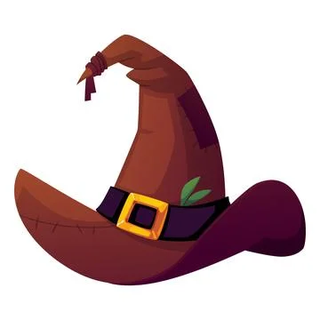 Magic witch hat with patches vector icon, cartoon wizard old brown hat decorated Stock Illustration