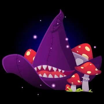 Magic witch hat, vector cartoon wizard spooky hat decorated with teeth and fly Stock-Illustration