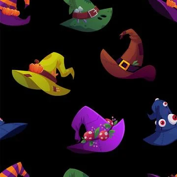 Magic witch hats vector seamless pattern, cartoon wizard spooky hat with Stock Illustration
