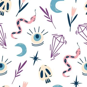 Magic witch seamless drawing. Skulls, snakes, eyes, crystals and leaves.Mysti Stock Illustration
