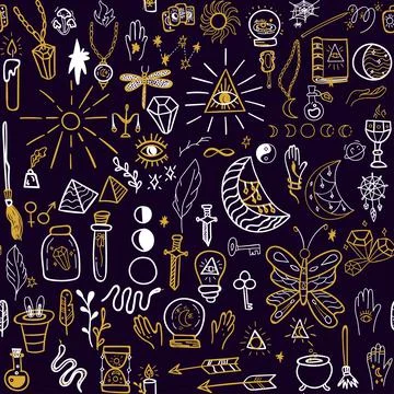 Magic Witchcraft Doodle Seamless Pattern イラスト素材