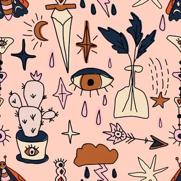 Magic witchcraft doodle seamless pattern, abstract vector illustration イラスト素材