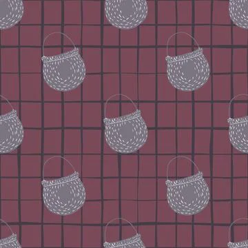 Magic witchy seamless pattern with grey pot doodle silhouettes. Chequered bac 스톡 일러스트