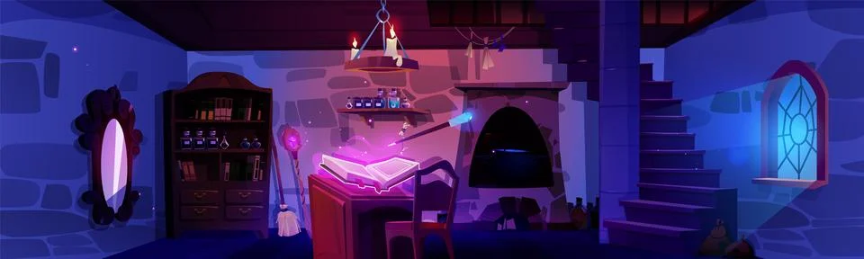 Magic wizard laboratory room background at night Stock Illustration