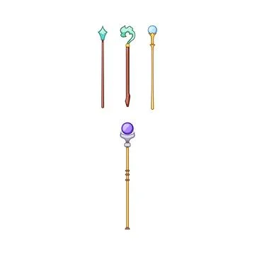 Magic wizard staff and mystical fantasy wands collection Stock Illustration