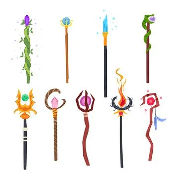 Magic wizard stick set cartoon vector illustration Stock Illustration