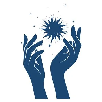 Magic, wizardry and fortune-telling, woman hands and starry sun, incantatio.. Stock Illustration