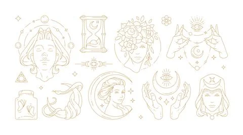 Magic woman boho vector illustrations of graceful feminine women and esoteric Stock Illustration