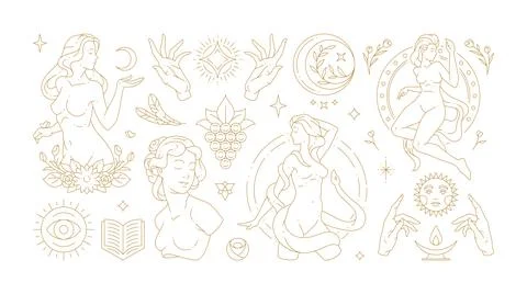Magic woman boho vector illustrations of graceful feminine women and esoter.. Stock Illustration