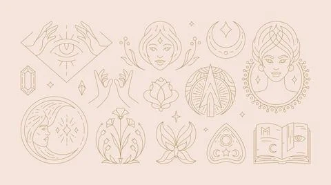 Magic woman boho vector illustrations of graceful feminine women and esoter.. Stock Illustration