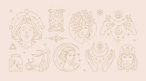Magic woman boho vector illustrations of graceful feminine women and esoter.. Illustrazione stock