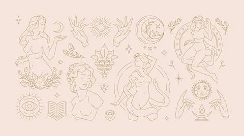 Magic woman boho vector illustrations of graceful feminine women and esoter.. Illustrazione stock