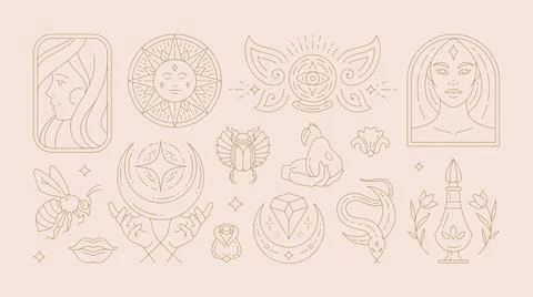 Magic woman boho vector illustrations of graceful feminine women and esoter.. Illustrazione stock